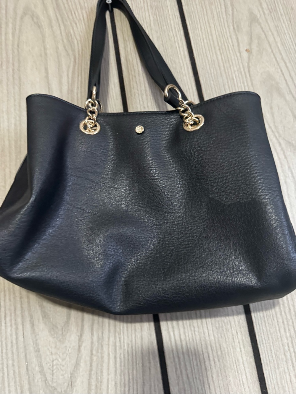 Black Leather Tote with Gold Chain Accents